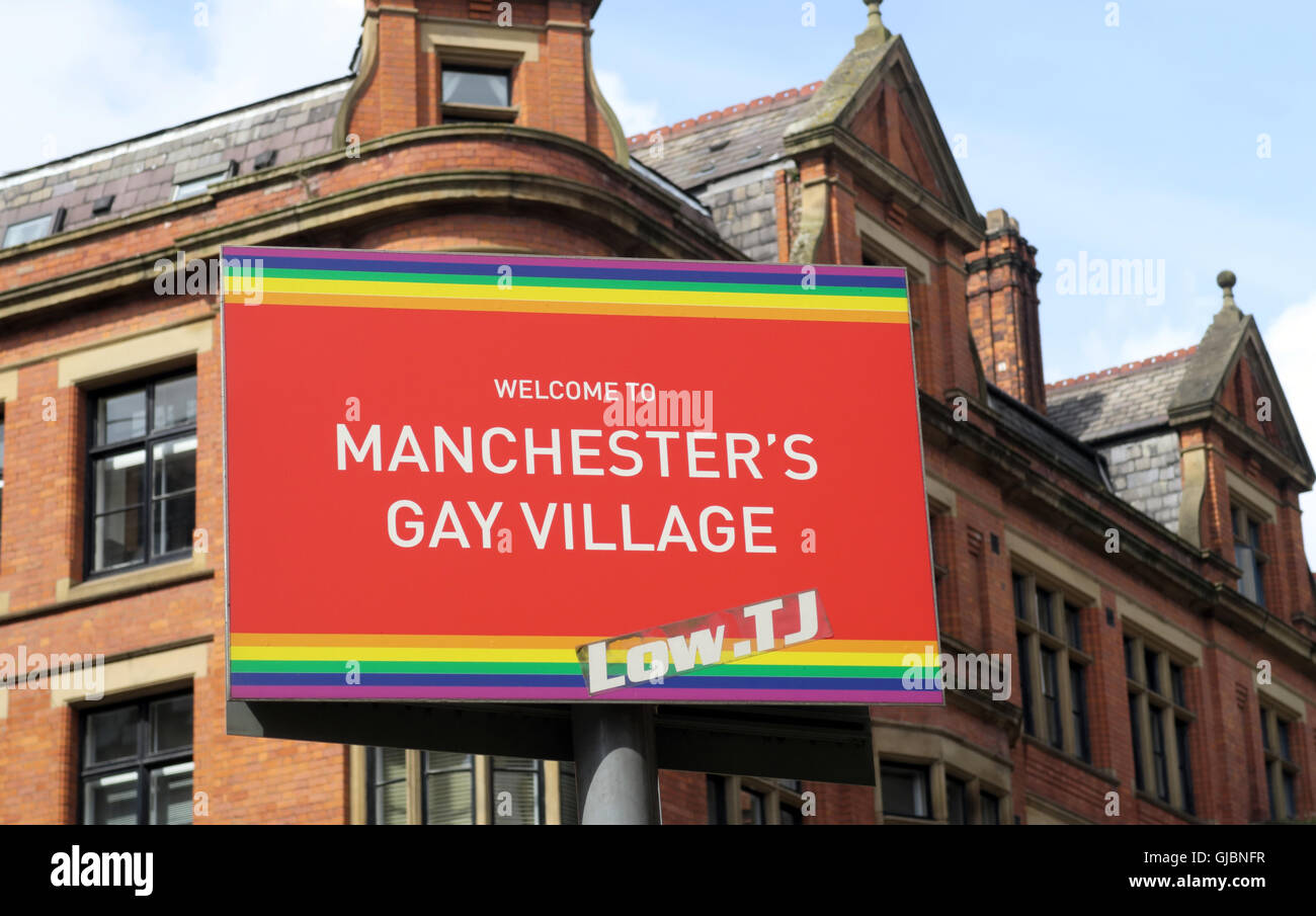 Welcome to Manchester's Gay Village sign, Canal St Stock Photo