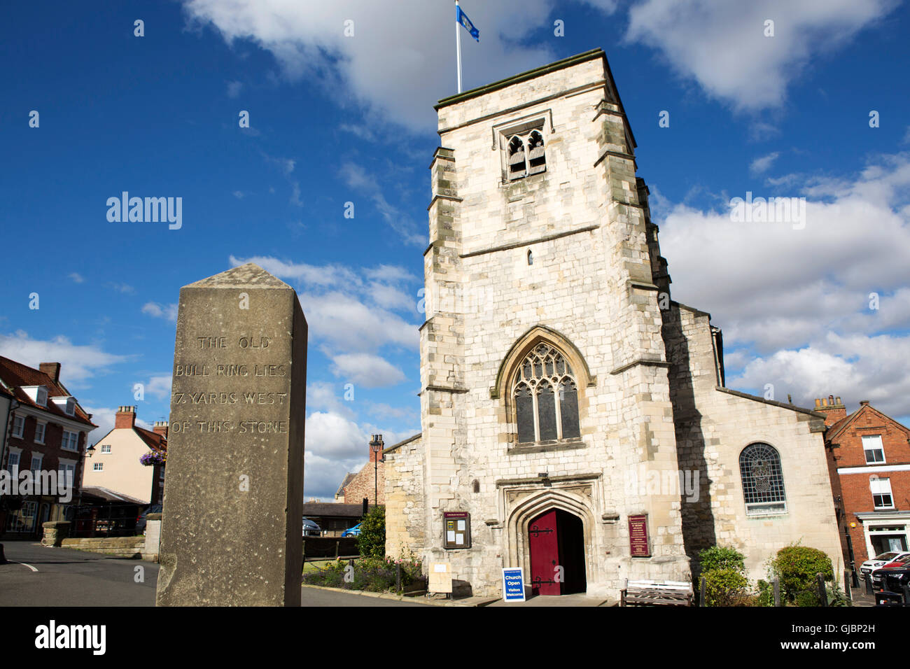An obelish inscribed with the location of the bull ring in Malton, North Yorkshire, United Kingdom. Stock Photo