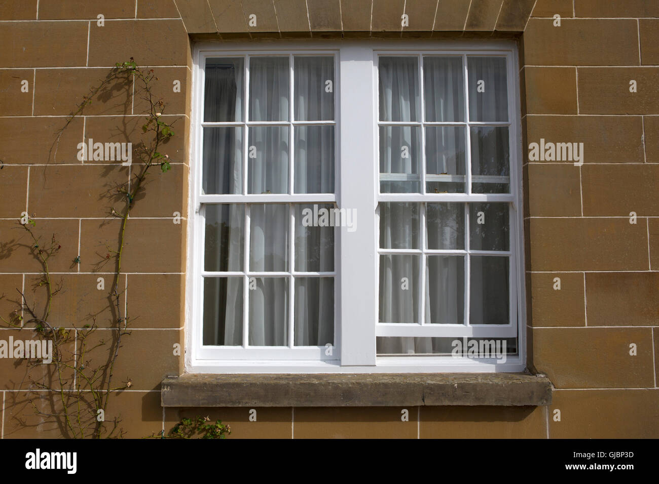 A traditional sash window in Malton, North Yorkshire, United Kingdom. One of the windows is open. Stock Photo