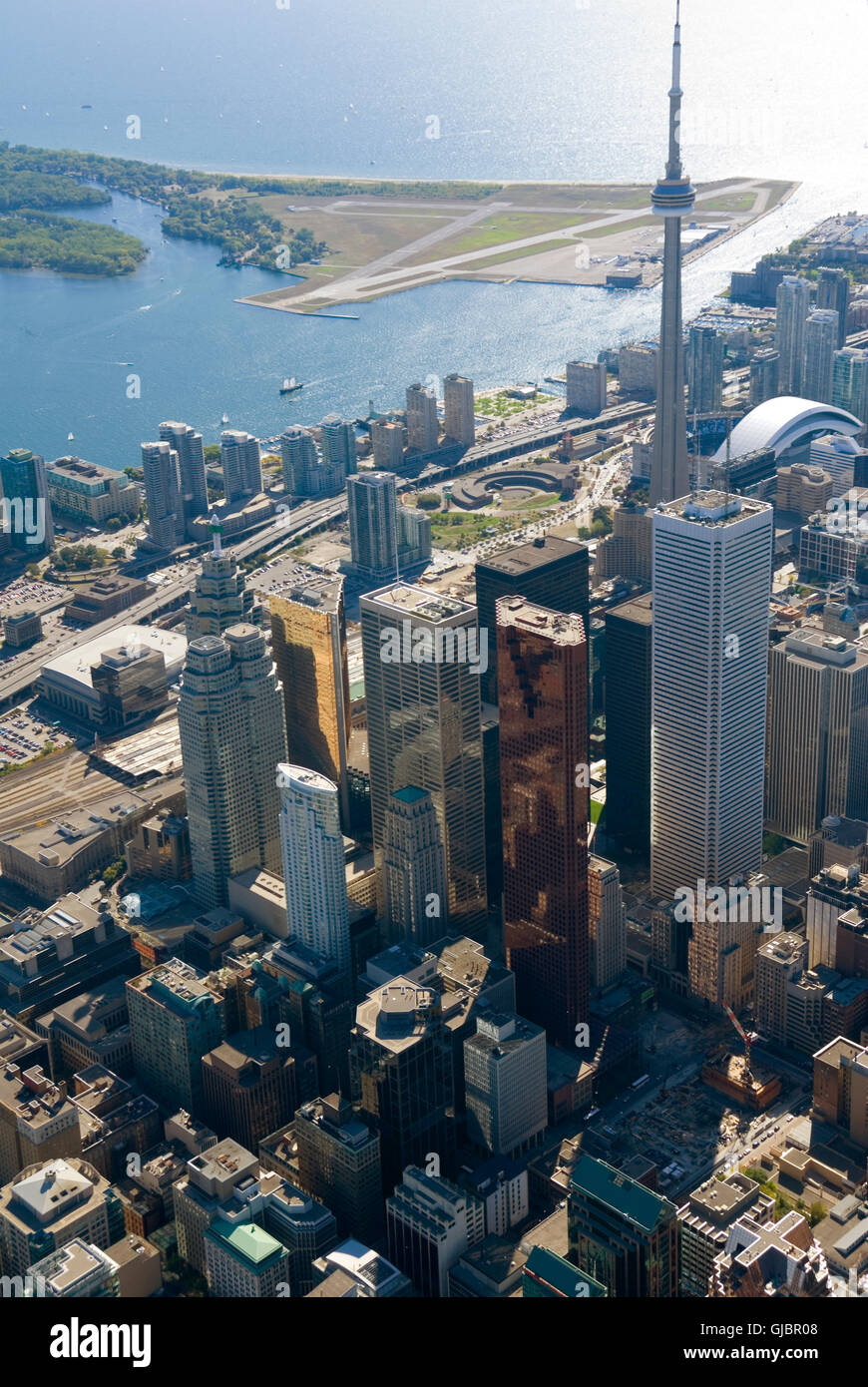 The towers of downtown Toronto, Canada, seen from just above Yonge Street.  Toronto is the largest city in Canada and the provin Stock Photo