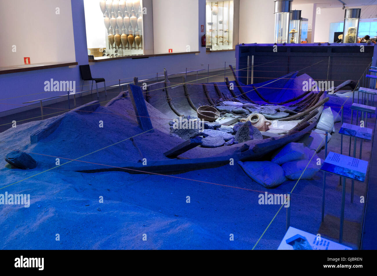 Underwater Archeology museum, remains of Phoenician shipwreck vessel Mazarron 2, displayed under protective blue light. National Stock Photo