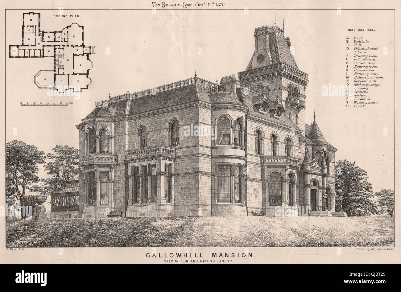 Gallowhill Mansion; Salmon Son and Ritchie, Architects. Paisley, print 1870 Stock Photo