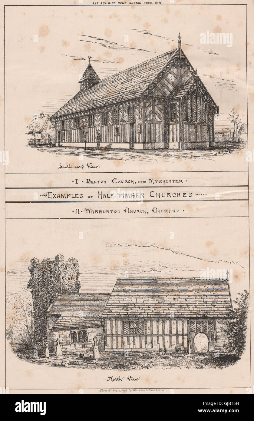 Half timbered churches. Denton, Manchester; Warburton, Cheshire, print