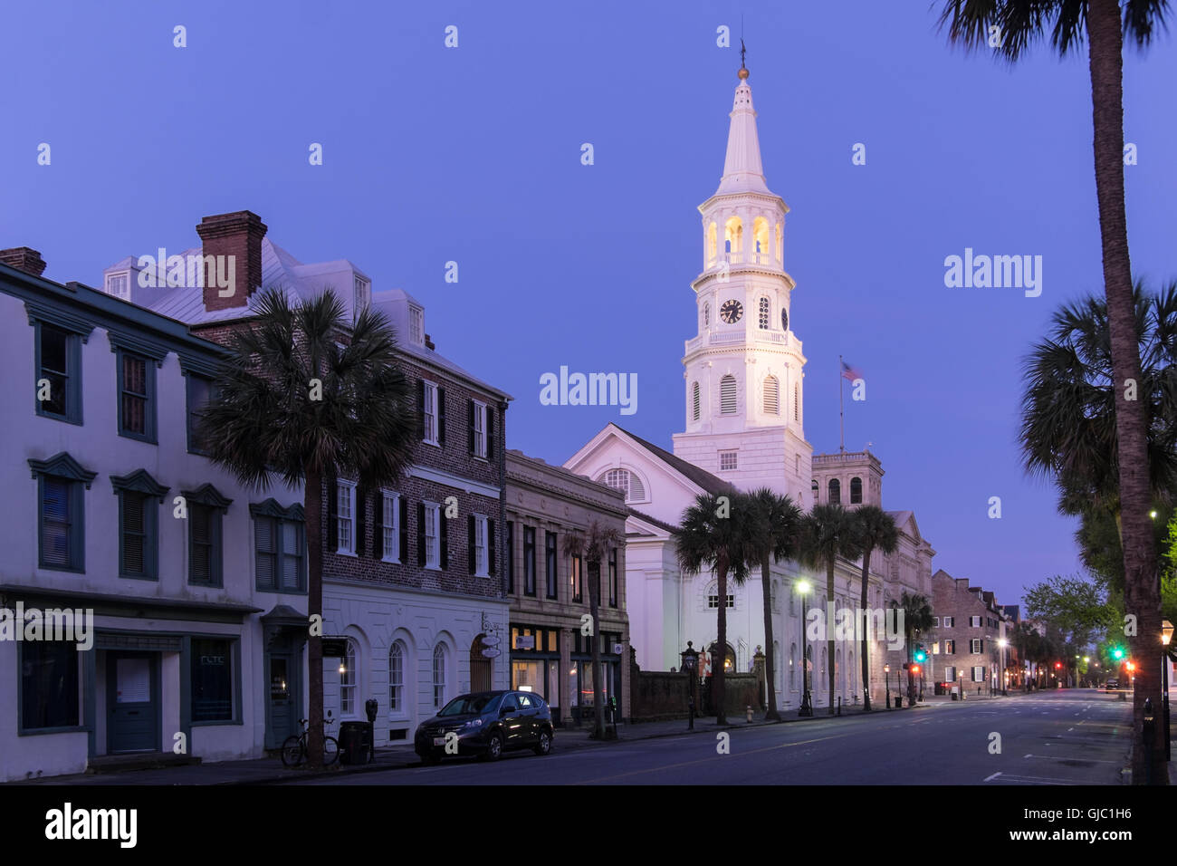 St. Michael's  Church and Broad Street at Twilight, Charleston, South Carolina Stock Photo