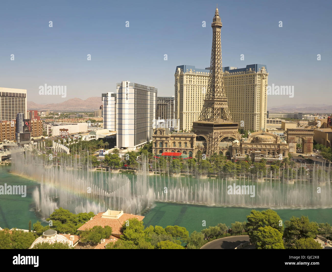 View of the Las Vegas Strips from the Bellagio, including the fountains and Paris Stock Photo