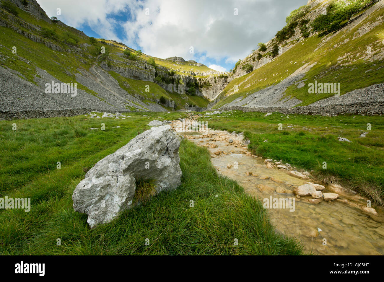 View of beck and steep-sided, limestone valley on the approach to Goredale Scar in the Yorkshire Dales National Park, England. Stock Photo