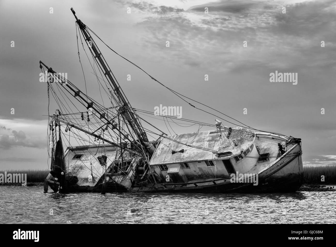 The Sassy Lady, a sunken shrimp boat, just off Amelia Island, Florida Stock Photo
