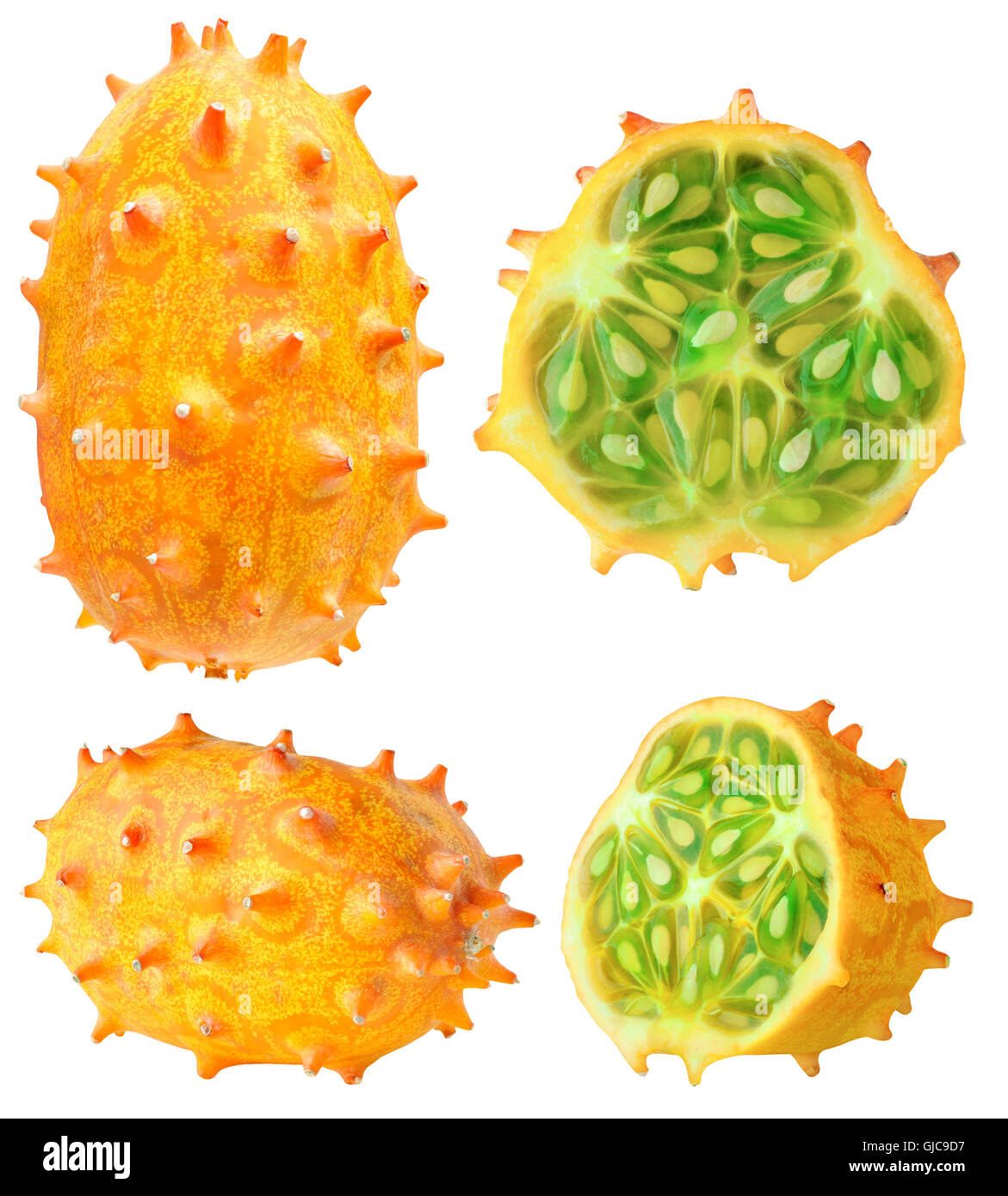 Isolated kiwano. Collection of whole and cut horned melons (kiwano) isolated on white background with clipping path Stock Photo