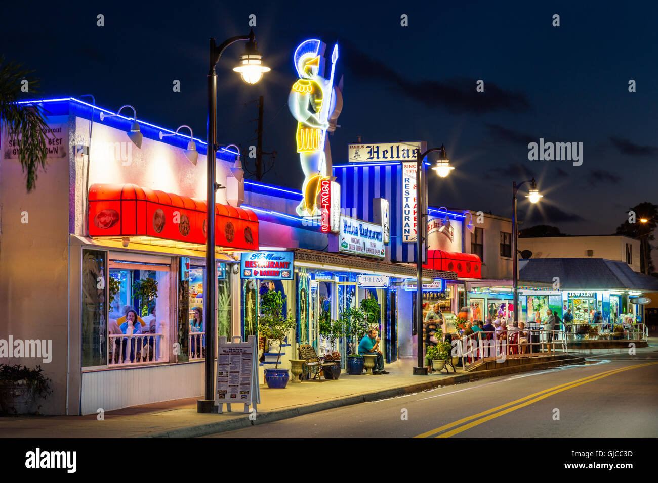 Blue Hour at Hellas Restaurant and Bakery, Tarpon Springs, Florida Stock Photo