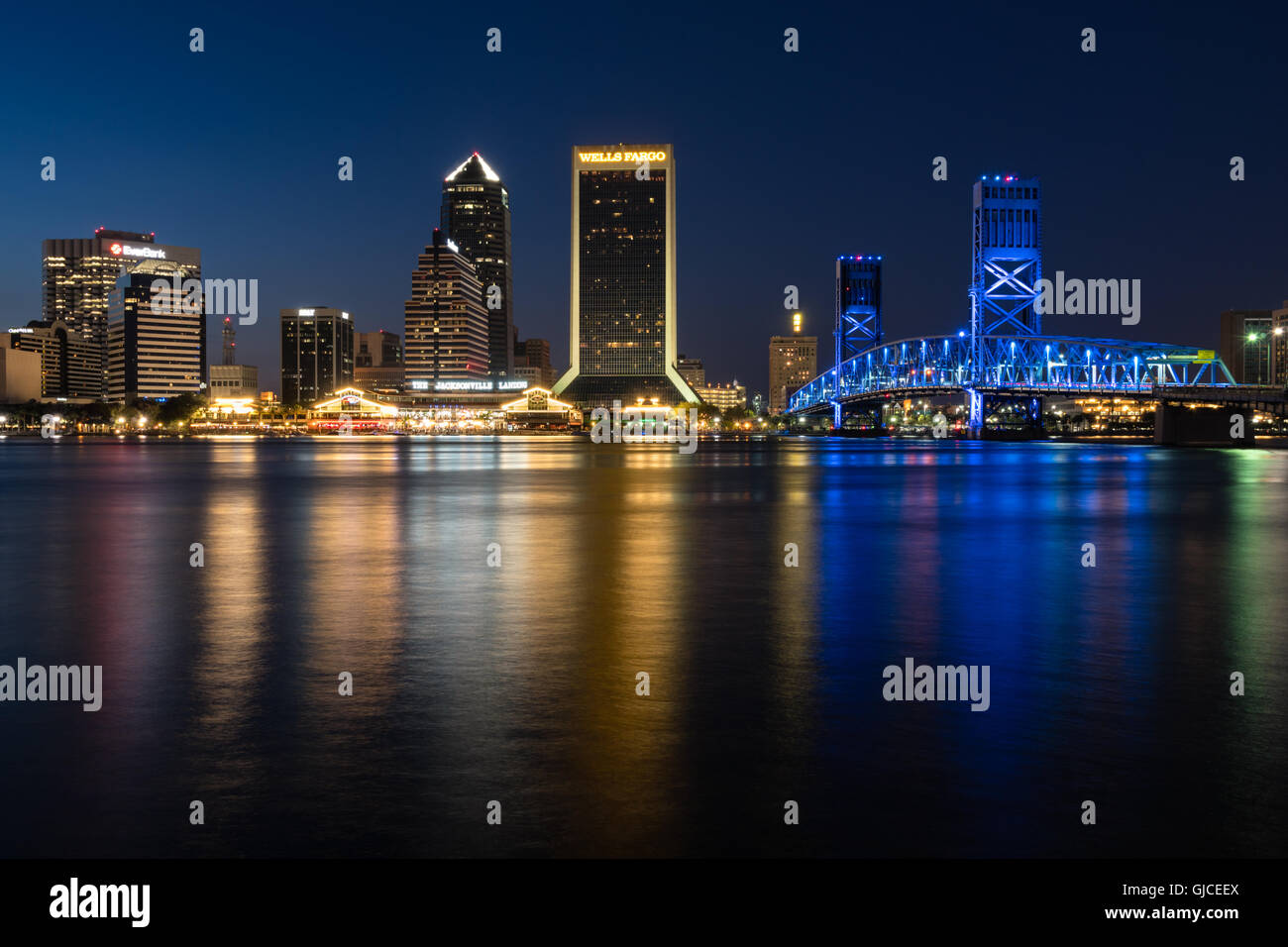 Downtown Jacksonville Skyline at Night, Jacksonville, Florida Stock