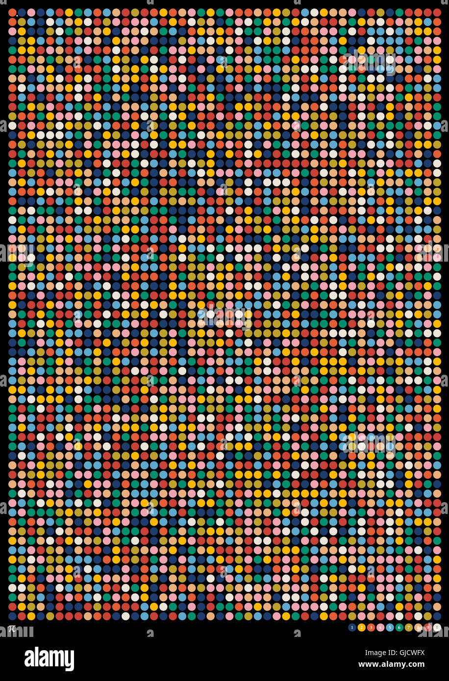 Coloured circles are showing the number PI. Every colour circle is standing for a decimal place. The colours are defining the decimal places from 0 to 9. Stock Photo