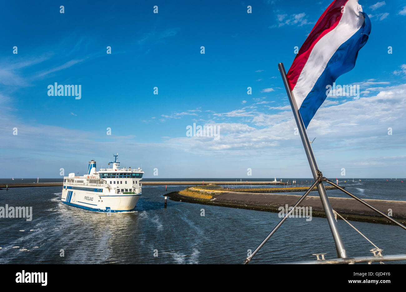 Ferry from Vlieland and Terschelling Wadden Islands arriving in Harlingen Friesland province of Friesland Netherlands Stock Photo