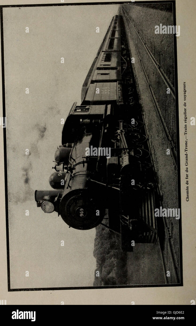 This French-language work describes the Grand Trunk Railway system in Canada, detailing its international routes connecting major cities in North America. It highlights the railroad's importance for transportation between the U.S. and Canada, as well as its role in the regional economy. Stock Photo