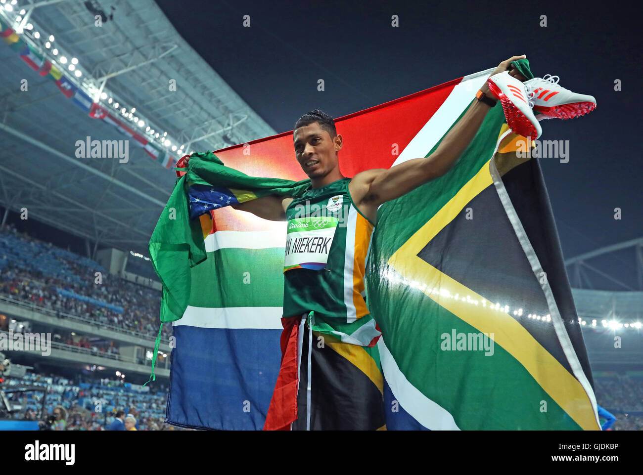 Rio De Janeiro, RJ, Brazil. 14th Aug, 2016. One of the most hyped races of the Olympic Games lived up to the billing, as Wayde van Niekerk won the 400 meters in an astonishing world record of 43.03. He demolished Michael Johnson's world record of 43.18 and Olympic Record of 43.49 from 1996 when Johnson won the 200-400 meter double. The South African became the first man to win the Olympic gold from Lane 8.] 2016 Summer Olympic Games - Rio Brazil.brian.peterson@startribune.com.Rio de Janeiro, Brazil - 08/14/2016. Credit:  Brian Peterson/Star Tribune/ZUMA Wire/Alamy Live News Stock Photo