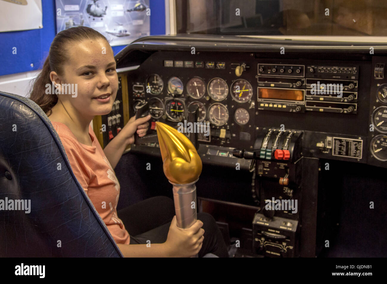 Essex-Uk - Royal Air Force Air Cadets celebrate 75th Anniversary with torch relay though Essex, UK. 14th Aug, 2016. Cadet using flight sim with torch Credit:  darren Attersley/Alamy Live News Stock Photo