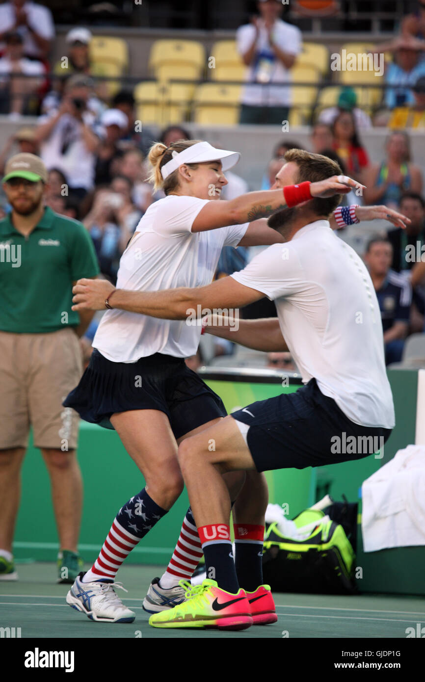 Rio de Janeiro, Brazil. 14th Aug, 2016. Bethanie Mattek-Sands and Jack Sock delighted at winning the Gold Medal in the Olympics Mixed Doubles Tennis Final in Rio de Janeiro. They beat Venus Williams and Ram Rajeev. Credit:  PictureScotland/Alamy Live News Stock Photo