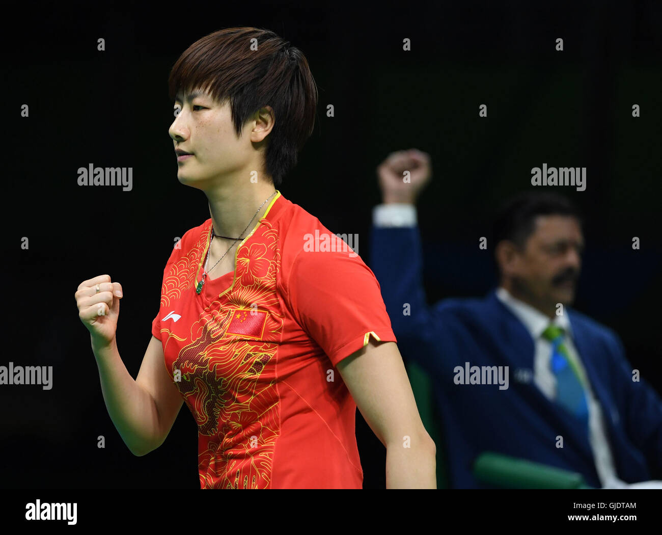 Rio De Janeiro, Brazil. 15th Aug, 2016. China's Ding Ning reacts during ...
