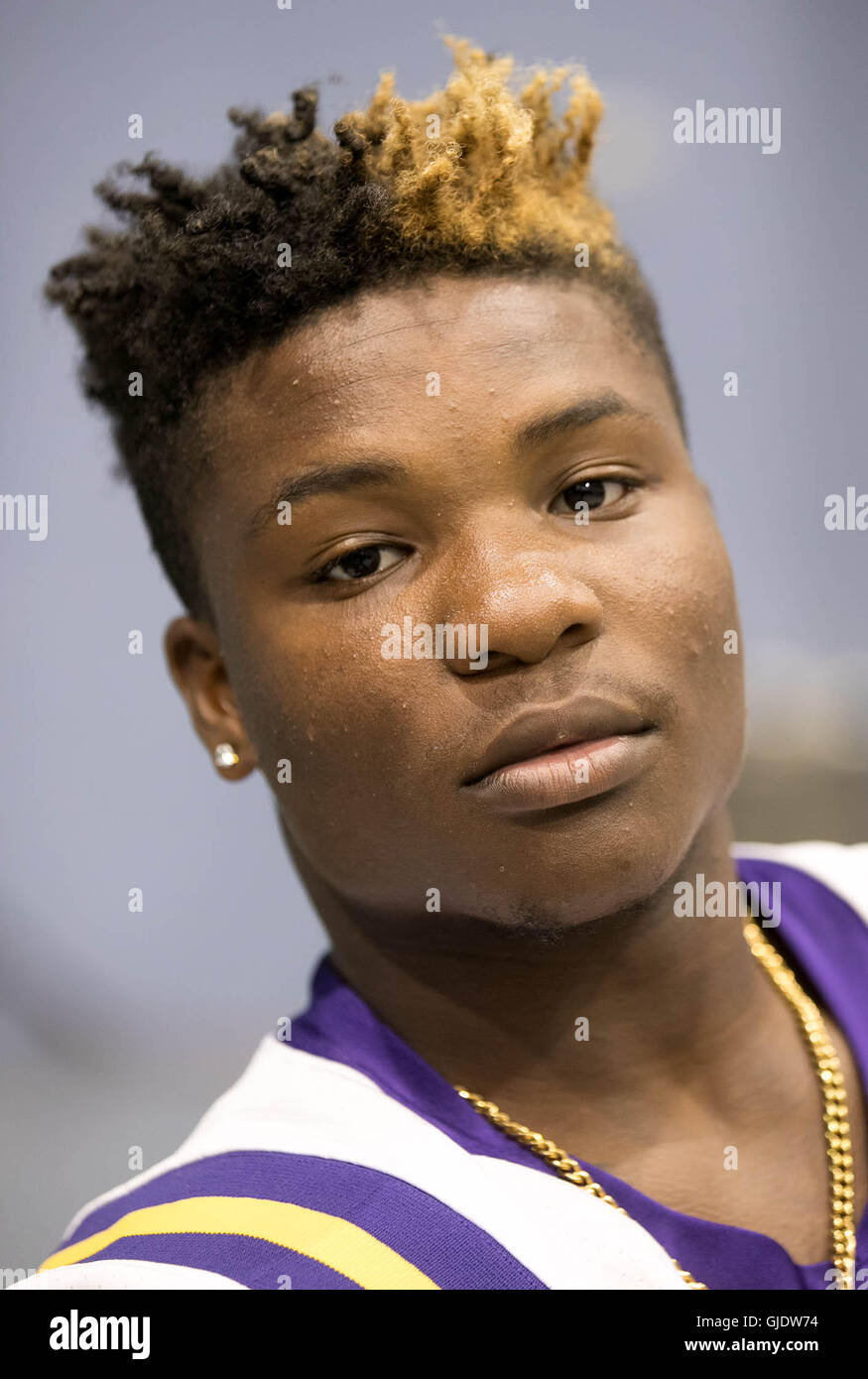 Davie, Florida, USA. 15th Aug, 2016. Raymond Austin, Boynton Beach Community High School football player, at the 4th Annual Miami Dolphins High School Media Day in Davie, Florida on August 6, 2016. © Allen Eyestone/The Palm Beach Post/ZUMA Wire/Alamy Live News Stock Photo