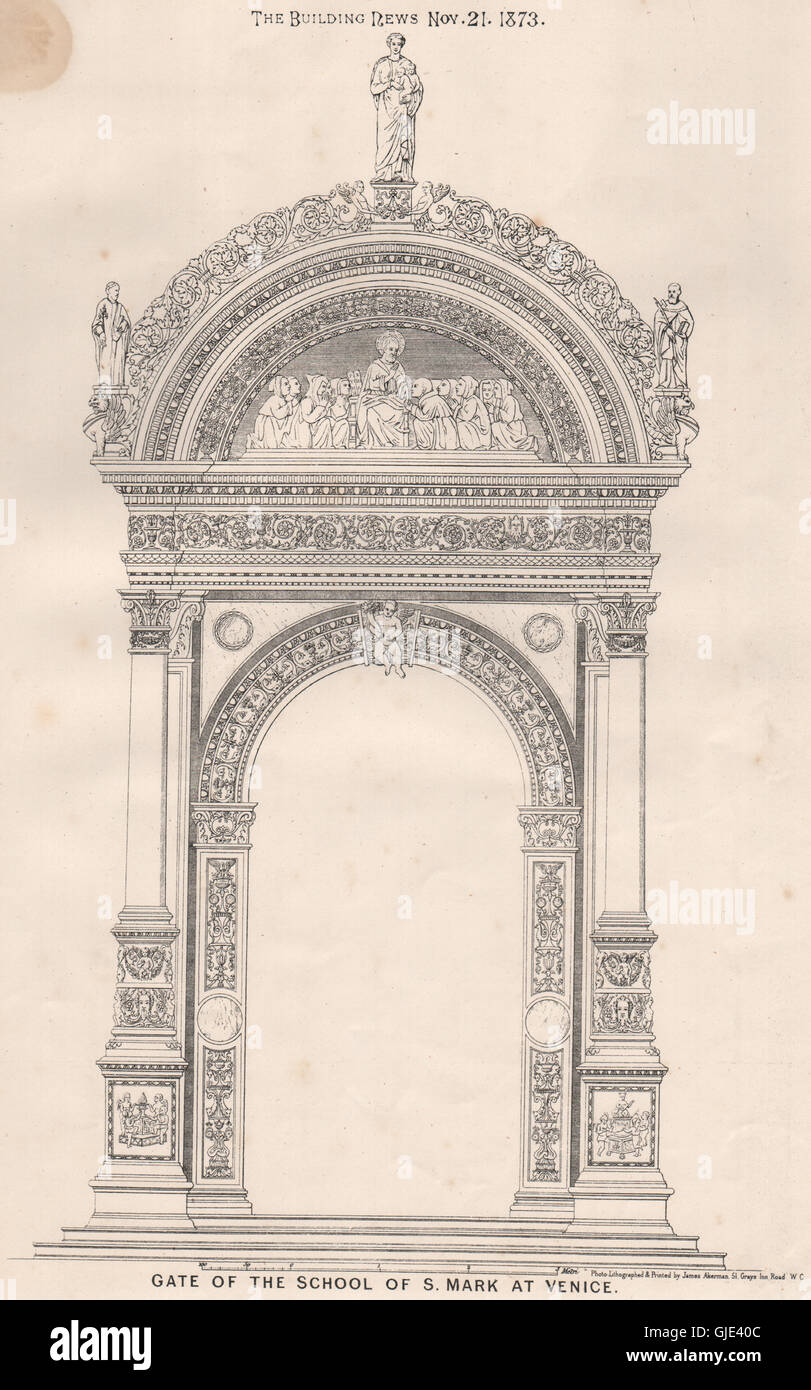 Gate of the school of St. Mark at Venice, antique print 1873 Stock Photo