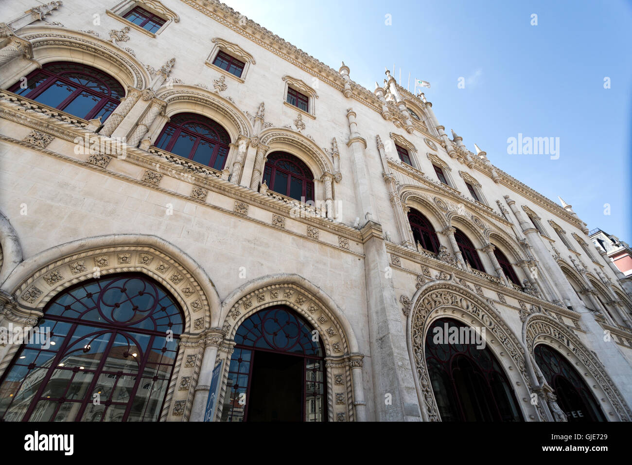 Detail of the Romantic Neo-Manueline facade of the Rossio Railway Station  in Lisbon, Portugal Stock Photo