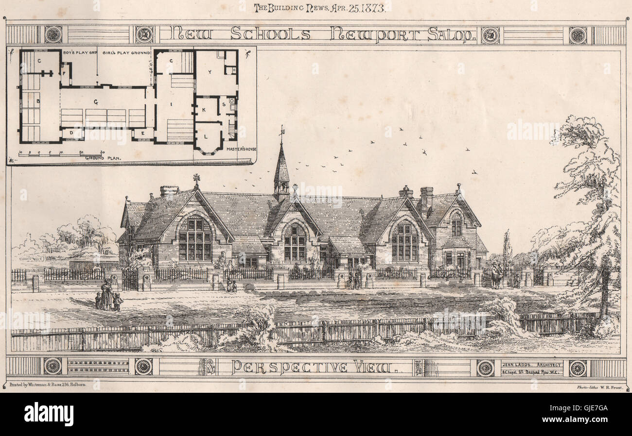 New schools, Newport, Shropshire; perspective view; John Ladds Architect, 1873 Stock Photo