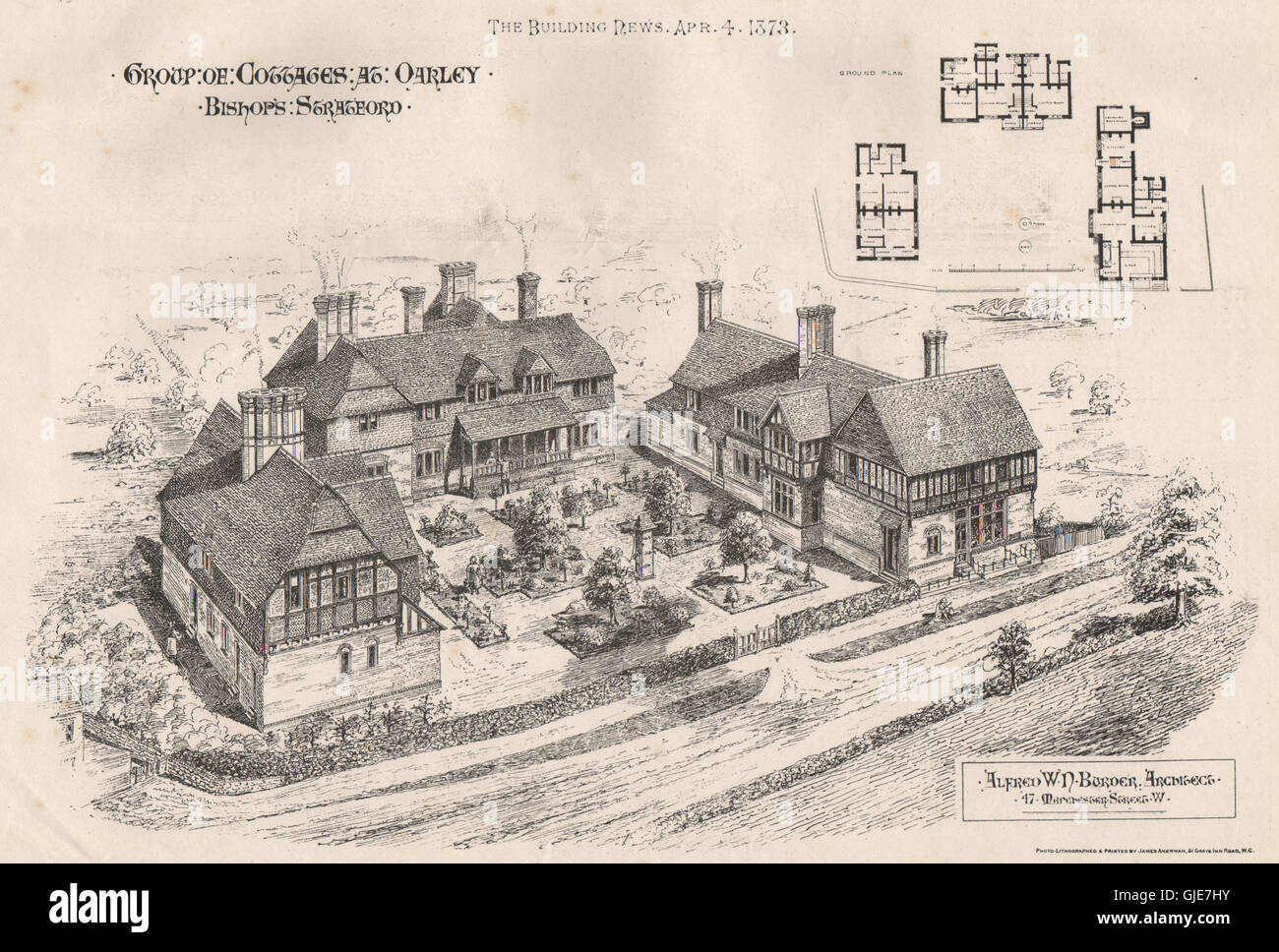 Cottages, Oakley, Bishops Stortford, Hertfordshire; Alfred WN Burder Archt, 1873 Stock Photo