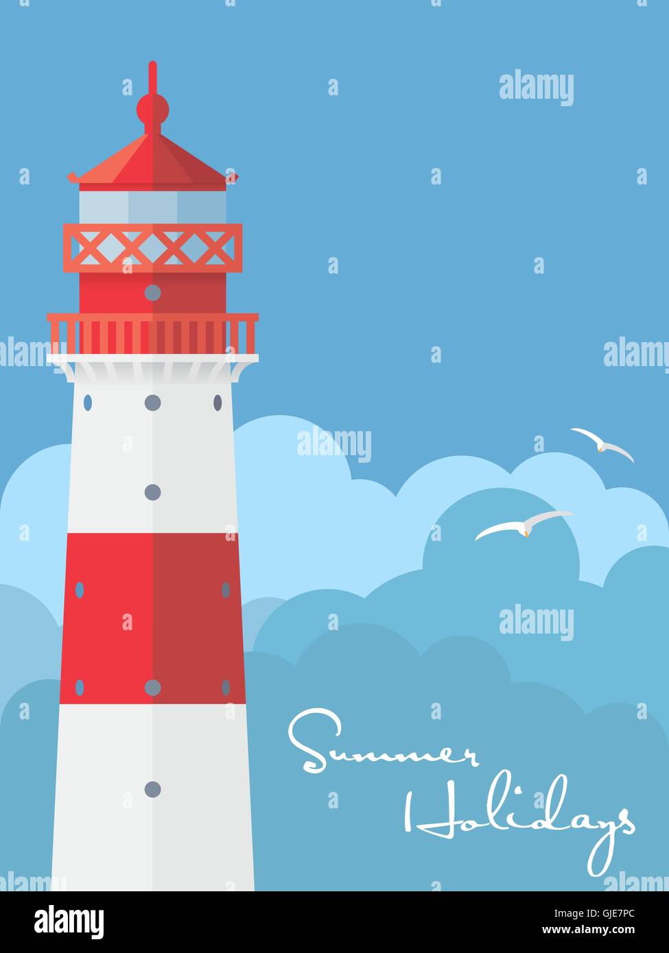Summer Holidays poster or greeting card with flat design lighthouse Stock Vector