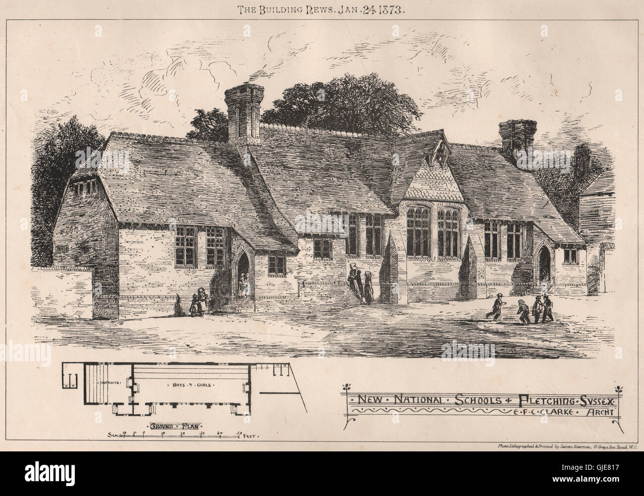 New National Schools, Fletching, Sussex; E.F.C. Clarke, Architect, print 1873 Stock Photo