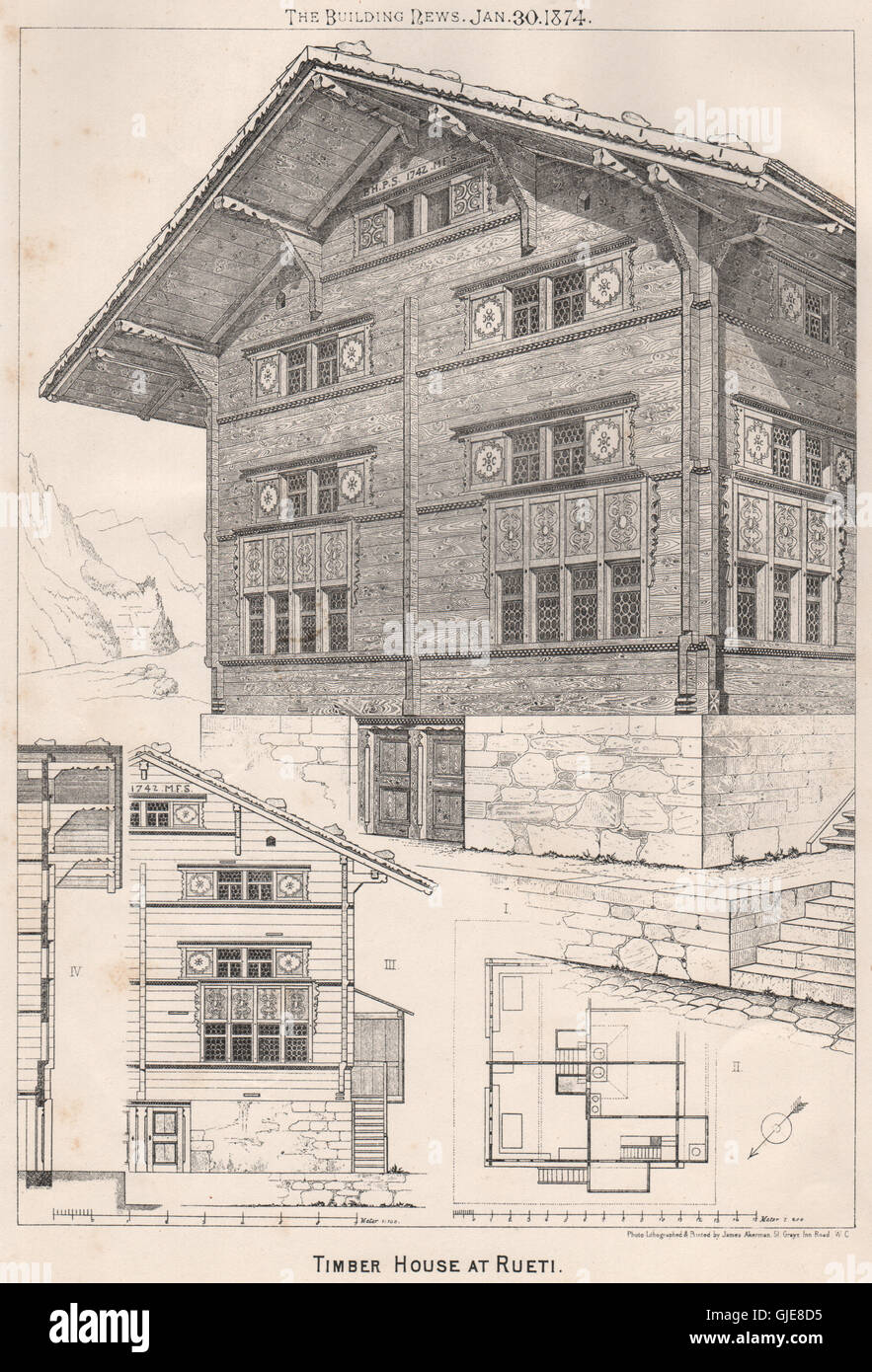 Timber House at Rueti. Zurich, antique print 1874 Stock Photo