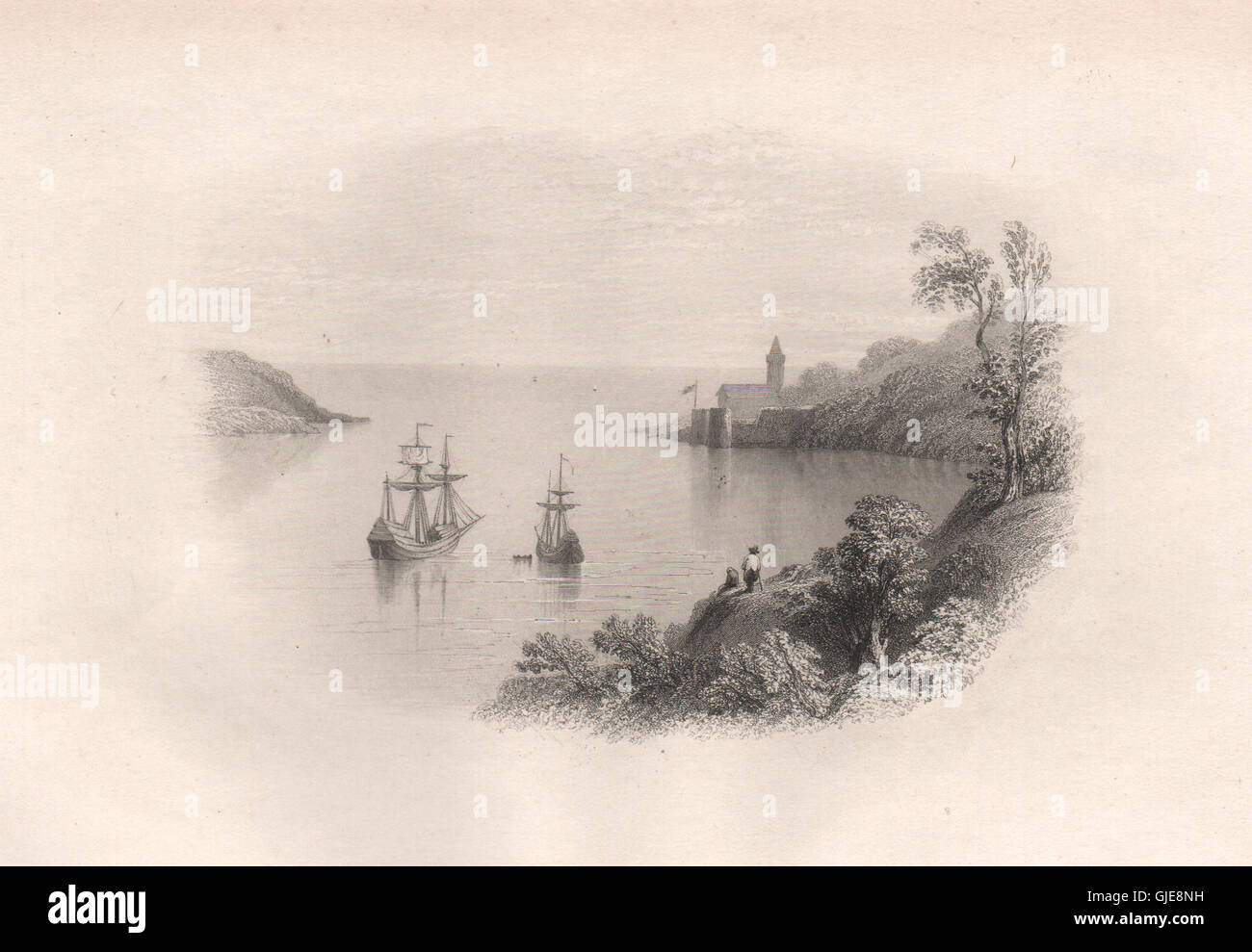 The MAYFLOWER & Speedwell in Dartmouth Harbour, Devon. Pilgrim fathers, 1854 Stock Photo