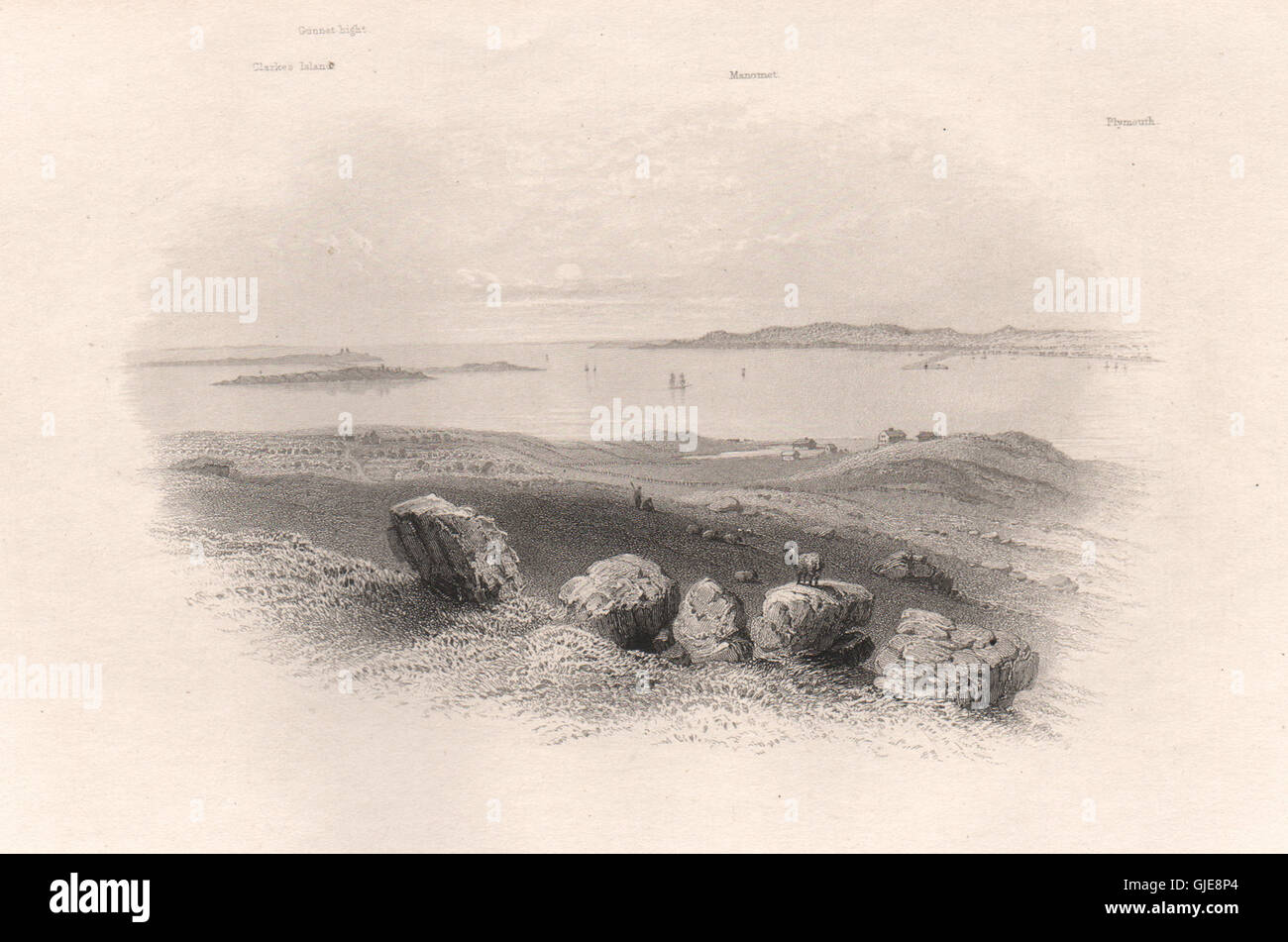 View from Captain's Hill, DUXBURY, Massachusetts. Pilgrim fathers. BARTLETT 1854 Stock Photo