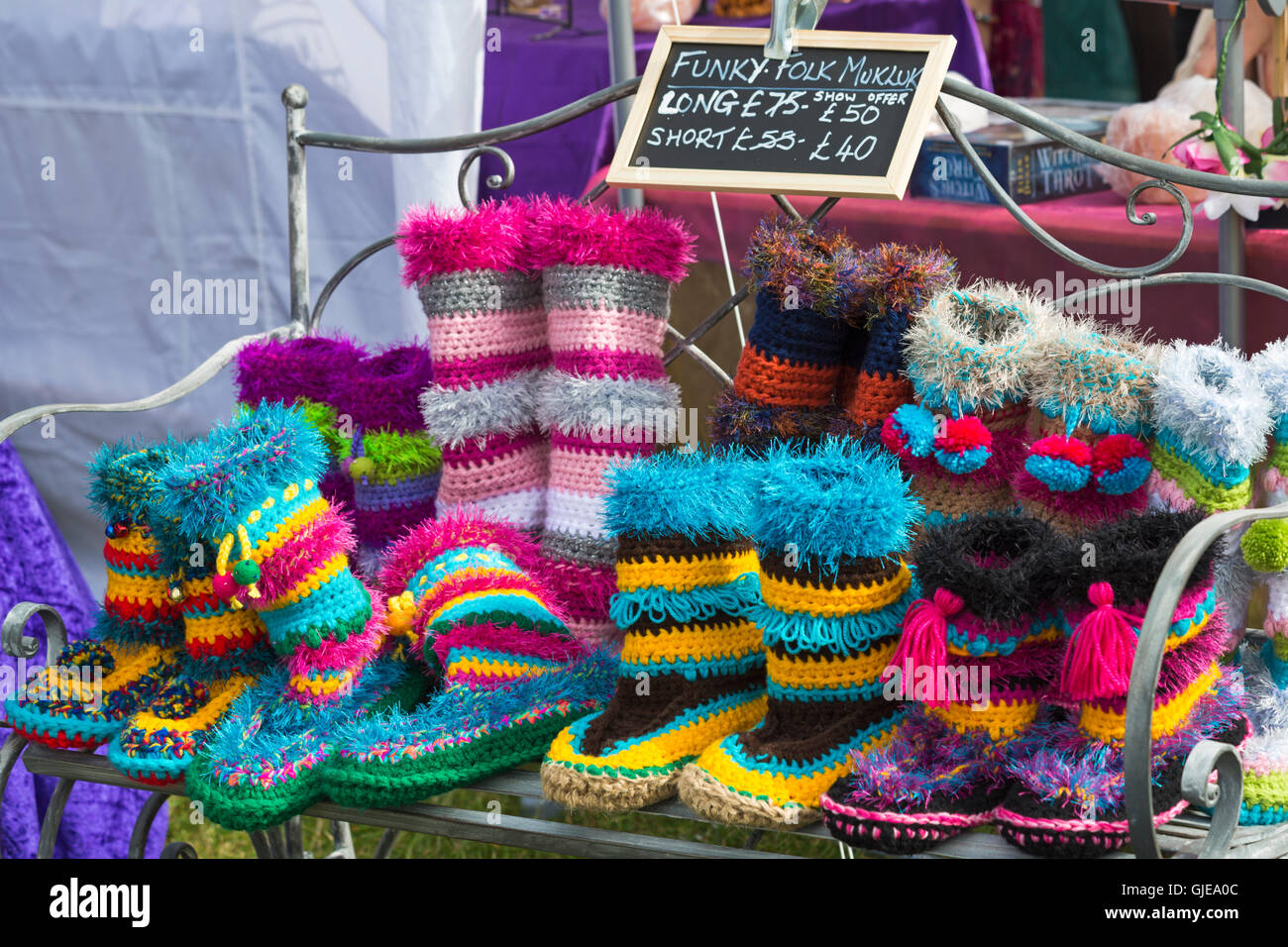 Funky Folk Mukluk boots for sale at the New Forest Fairy Festival at Burley, Hampshire, UK in August Stock Photo