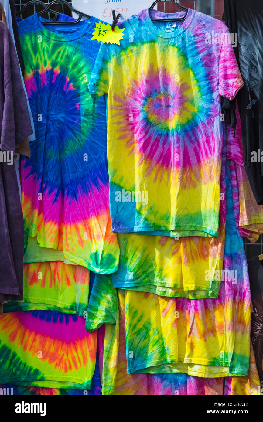 Colourful t-shirts for sale at the New Forest Fairy Festival at Burley, Hampshire, UK in August Stock Photo