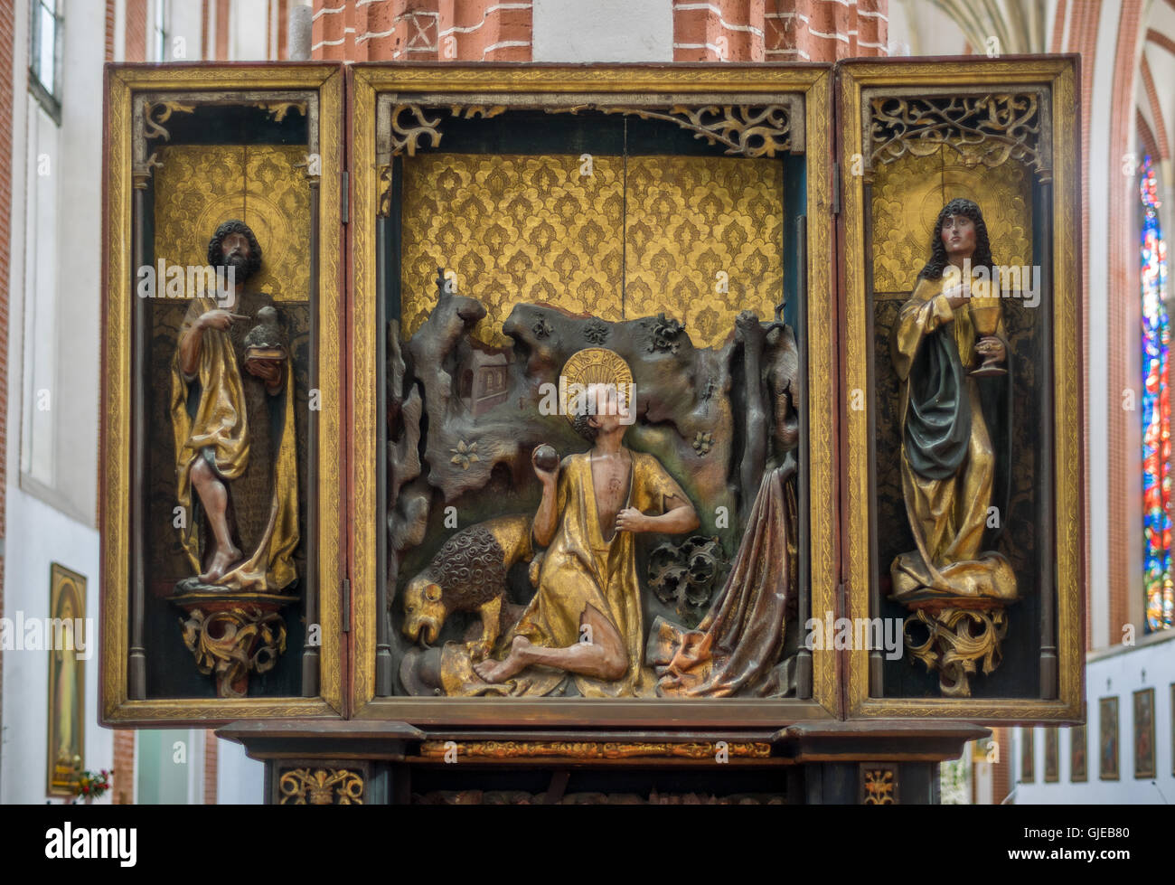 Medieval wooden polychrome triptych Church of Our Lady on Piasek in Wrocław Stock Photo