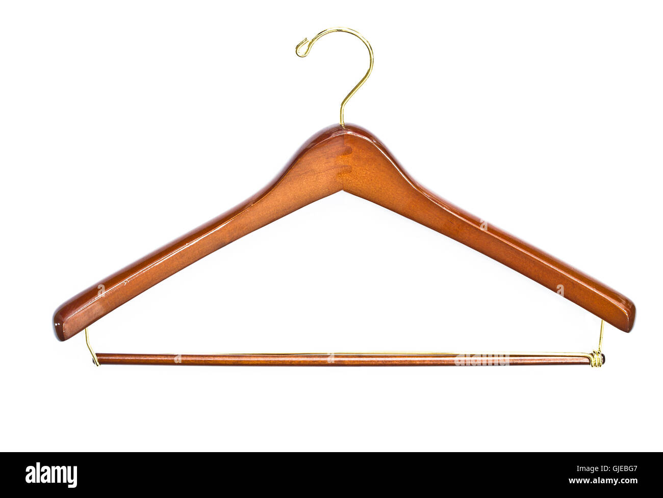 Single wooden varnished quality coat hanger on a plain white background Stock Photo