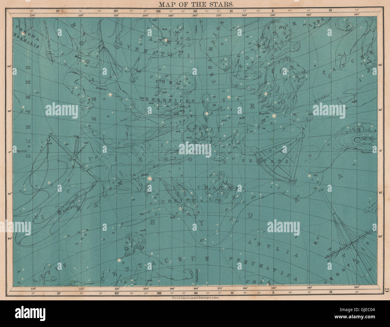 ASTRONOMY. Star map. Virgo Hydra Leo Serpens Centaurus Libra. JOHNSTON, 1906 Stock Photo