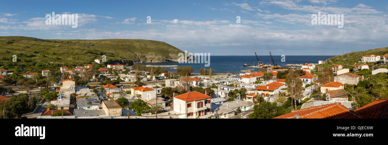 Panoramic view of the port of Agios Efstratios, the only settlement of this tiny island in northern Aegean sea, in Greece. Stock Photo