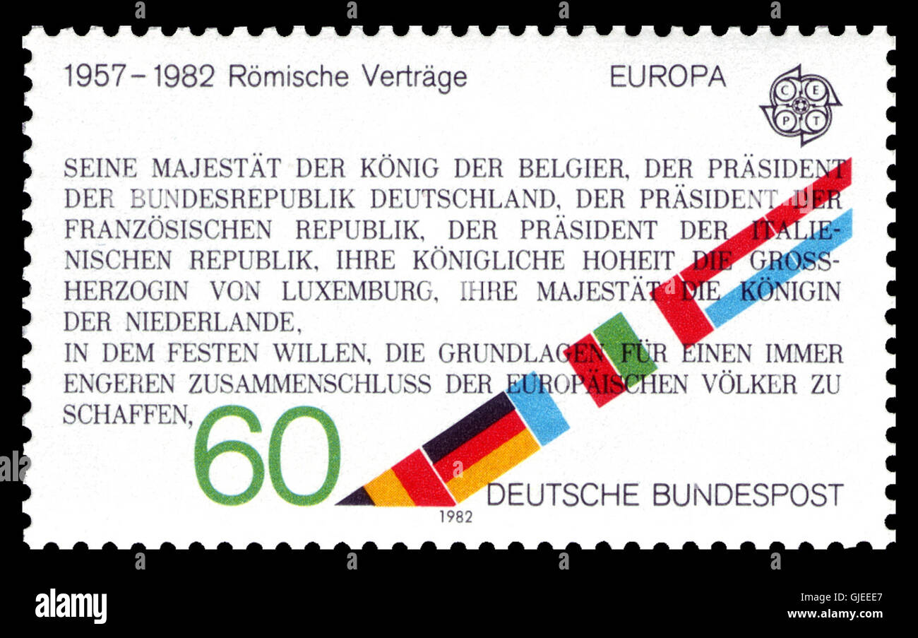 The 1982 DBP 1131 Römische Verträge stamp was issued to commemorate the Treaty of Rome, a key document in the creation of the European Economic Community, highlighting Germany's role in European integration. Stock Photo