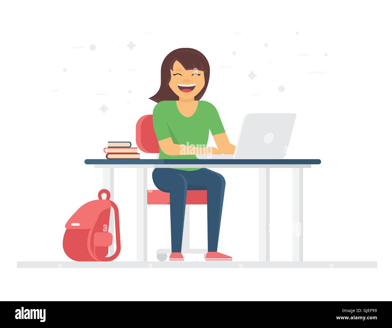 Young student or schoolgirl smiling and doing homework at home with laptop Stock Vector
