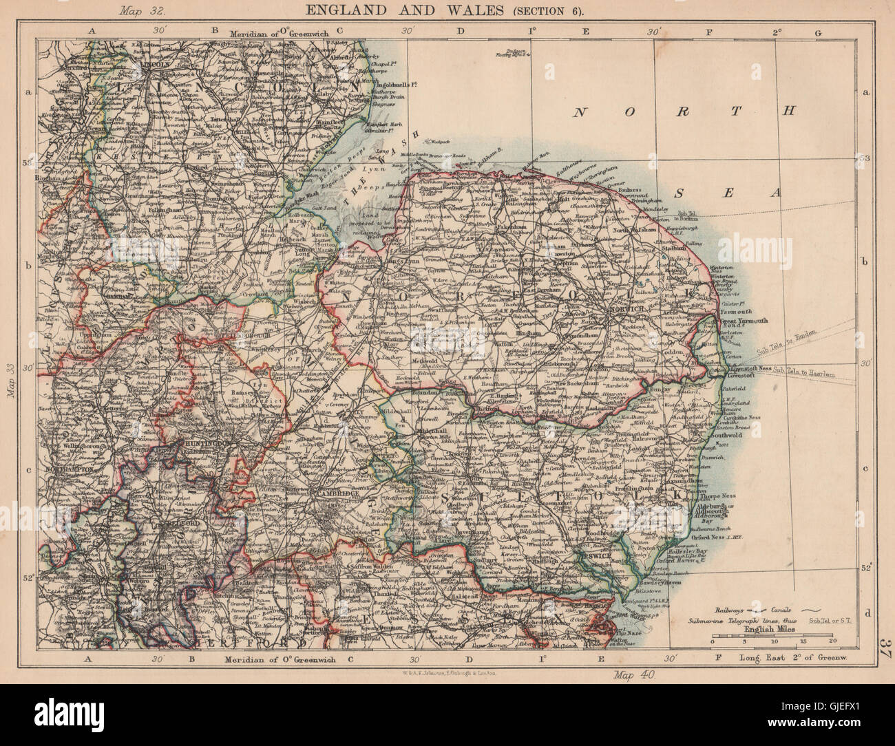 EAST ENGLAND. East Anglia/Midlands Norfolk Suffolk Cambridgeshire, 1906 map Stock Photo