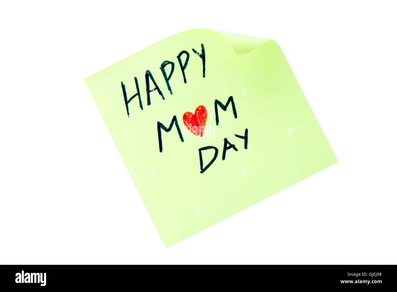 Post it with the word mom happy on a white background seen from the front Stock Photo