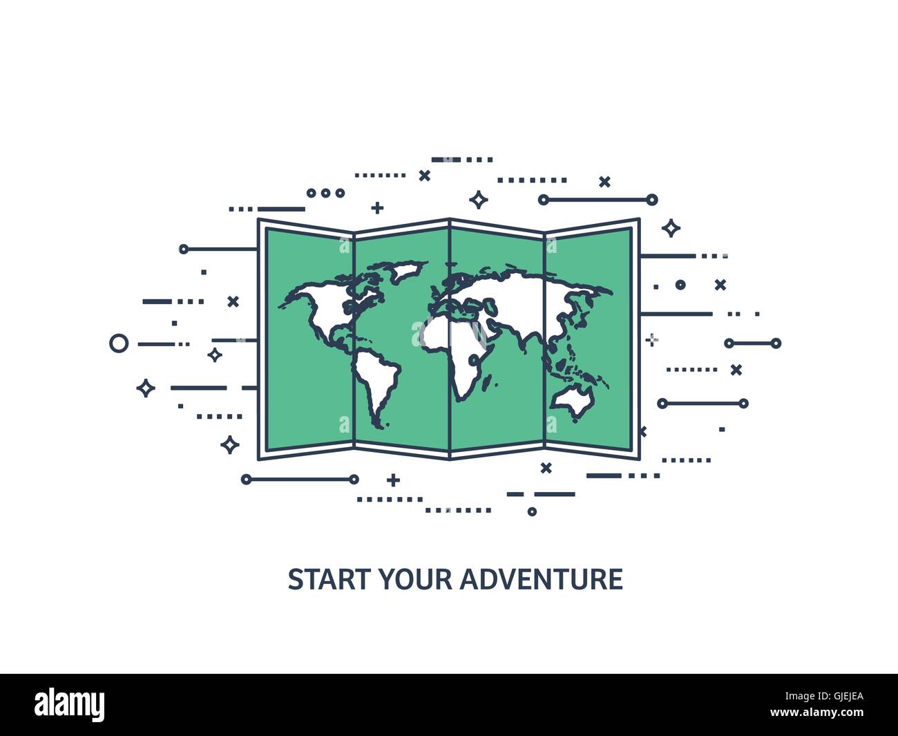World map in a flat style. Earth, globe. Navigation. Route and 