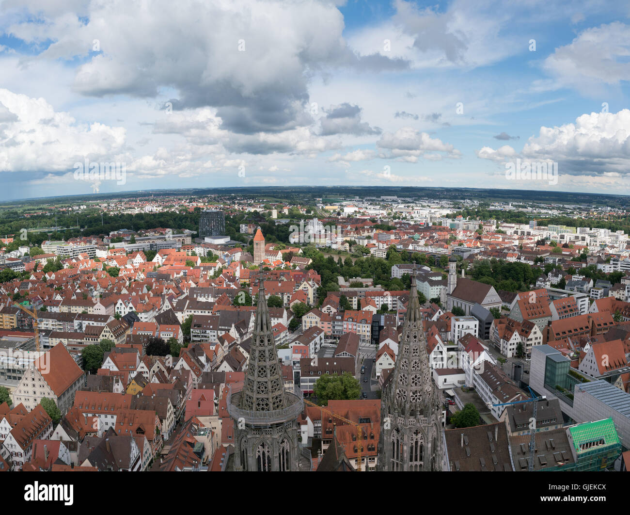 ULM, GERMANY - JUNE 18, 2016: Ulm and Danube river bird view, Germany. Ulm is primarily known for having the tallest church in t Stock Photo