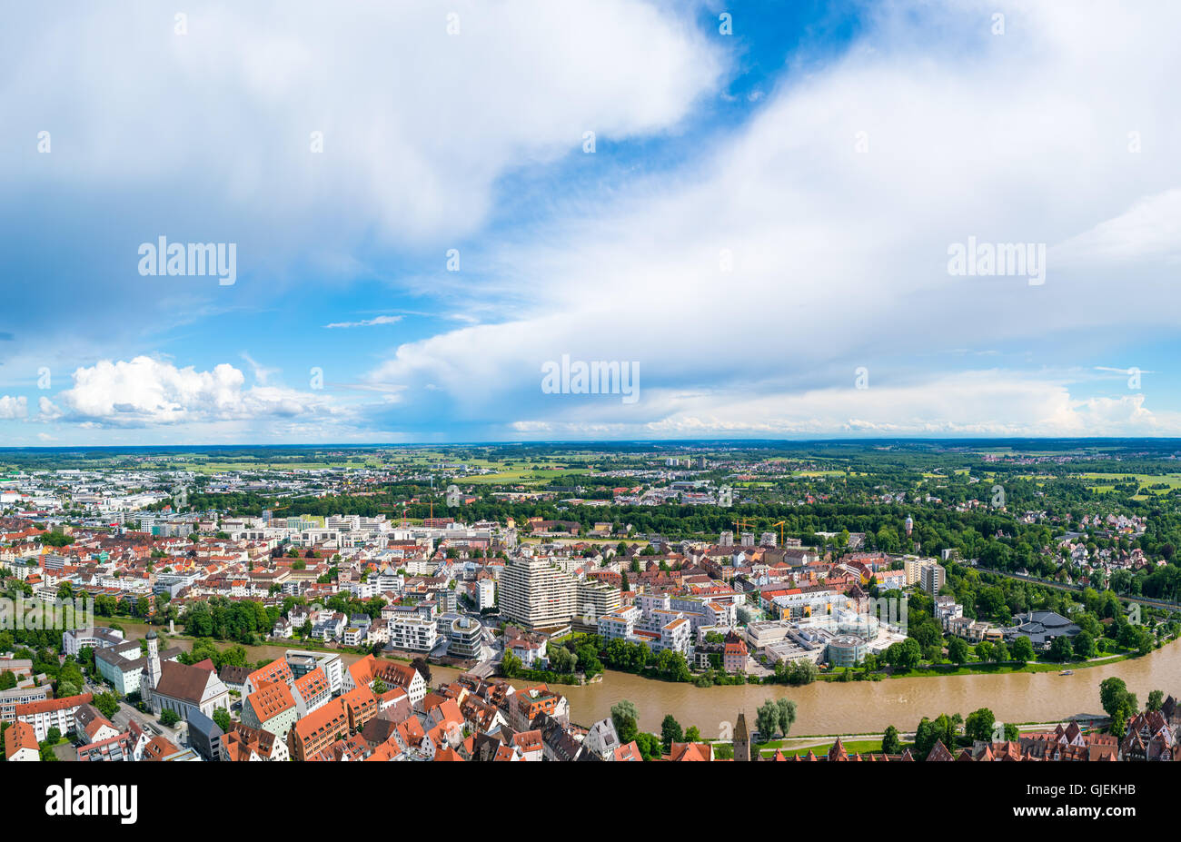 ULM, GERMANY - JUNE 18, 2016: Ulm and Danube river bird view, Germany. Ulm is primarily known for having the tallest church in t Stock Photo