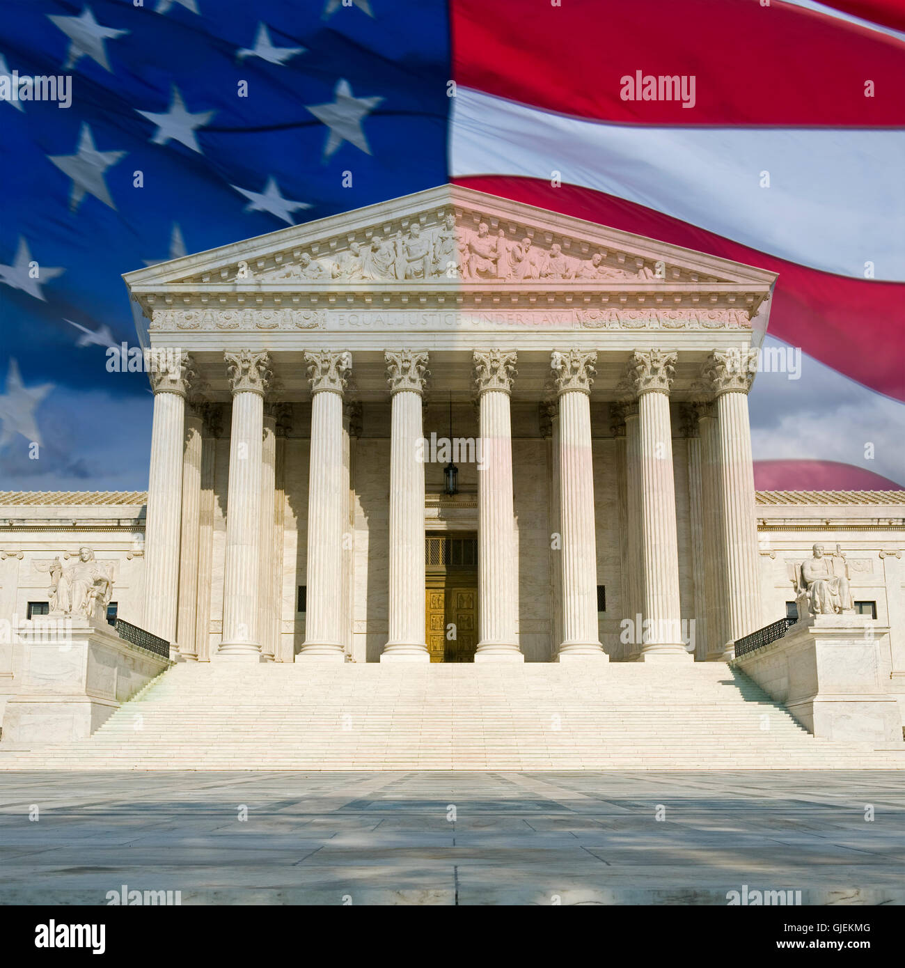 The front of the US Supreme Court in Washington, DC, montaged with the current US flag. Stock Photo