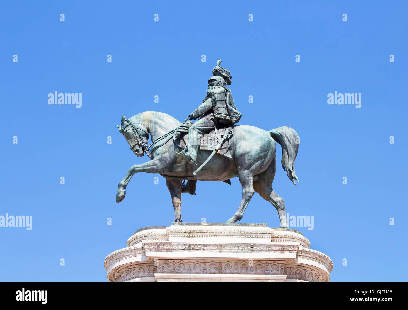Monument of Victor Emmanuel II with blue sky background in front of Altar of Fatherland in Rome Stock Photo