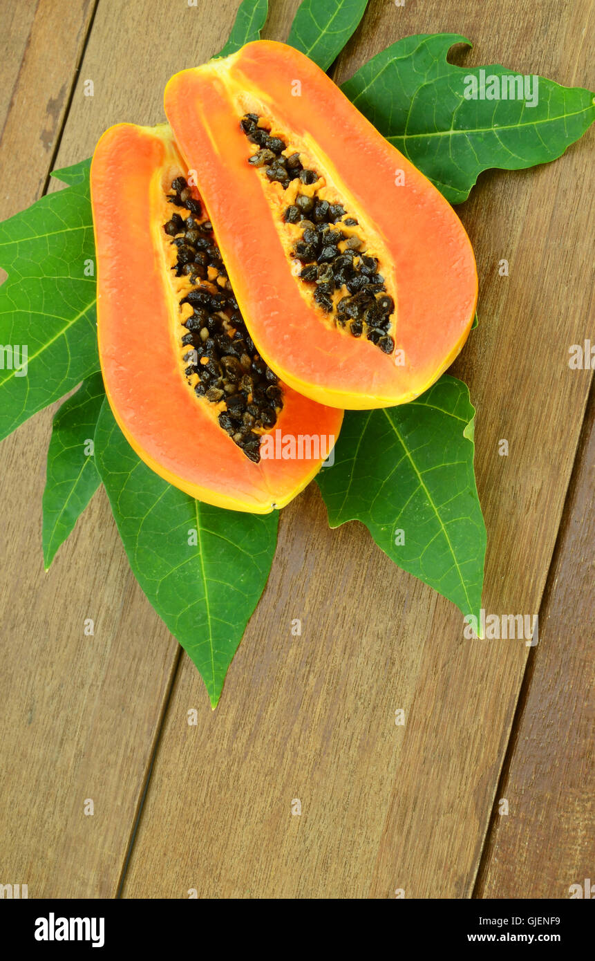 Ripe papaya, Pawpaw or Tree melon (Carica papaya L) which Rich in Betacarotene, Vitamin C, Fiber and Papine Enzyme. Stock Photo