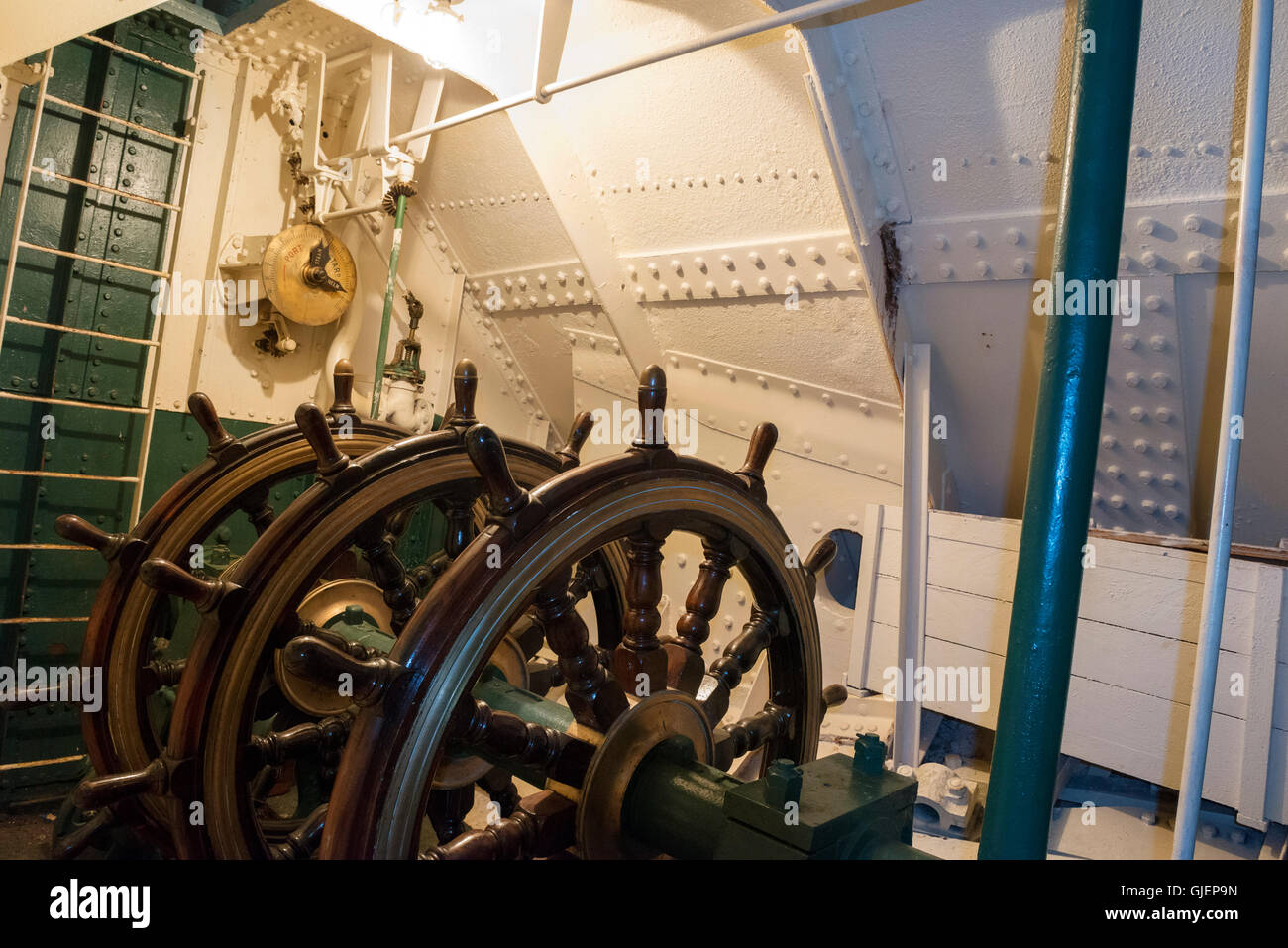Triple Wooden Wheel below decks on the HMS Caroline, moored in the