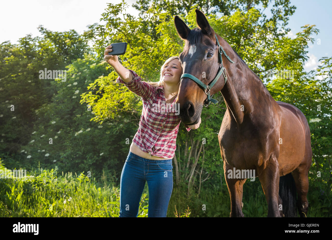 girl taking a selfie with his horse Stock Photo - Alamy