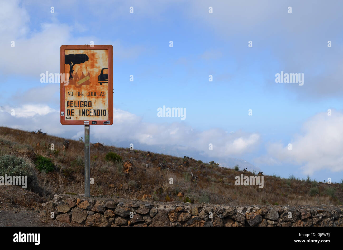 Forest fire danger sign to notice on tenerife, canary island Stock Photo